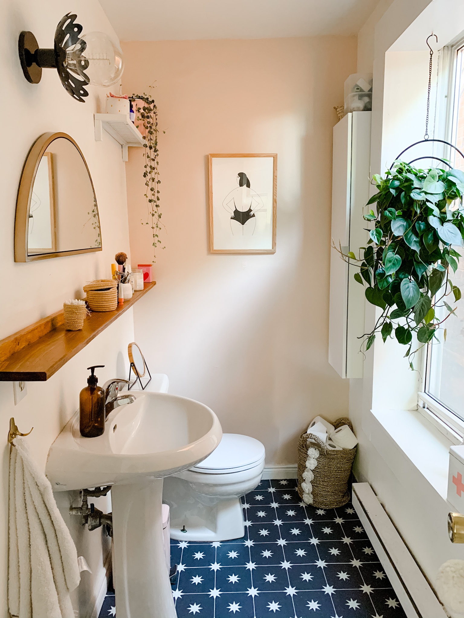 pink bathroom with hanging plants