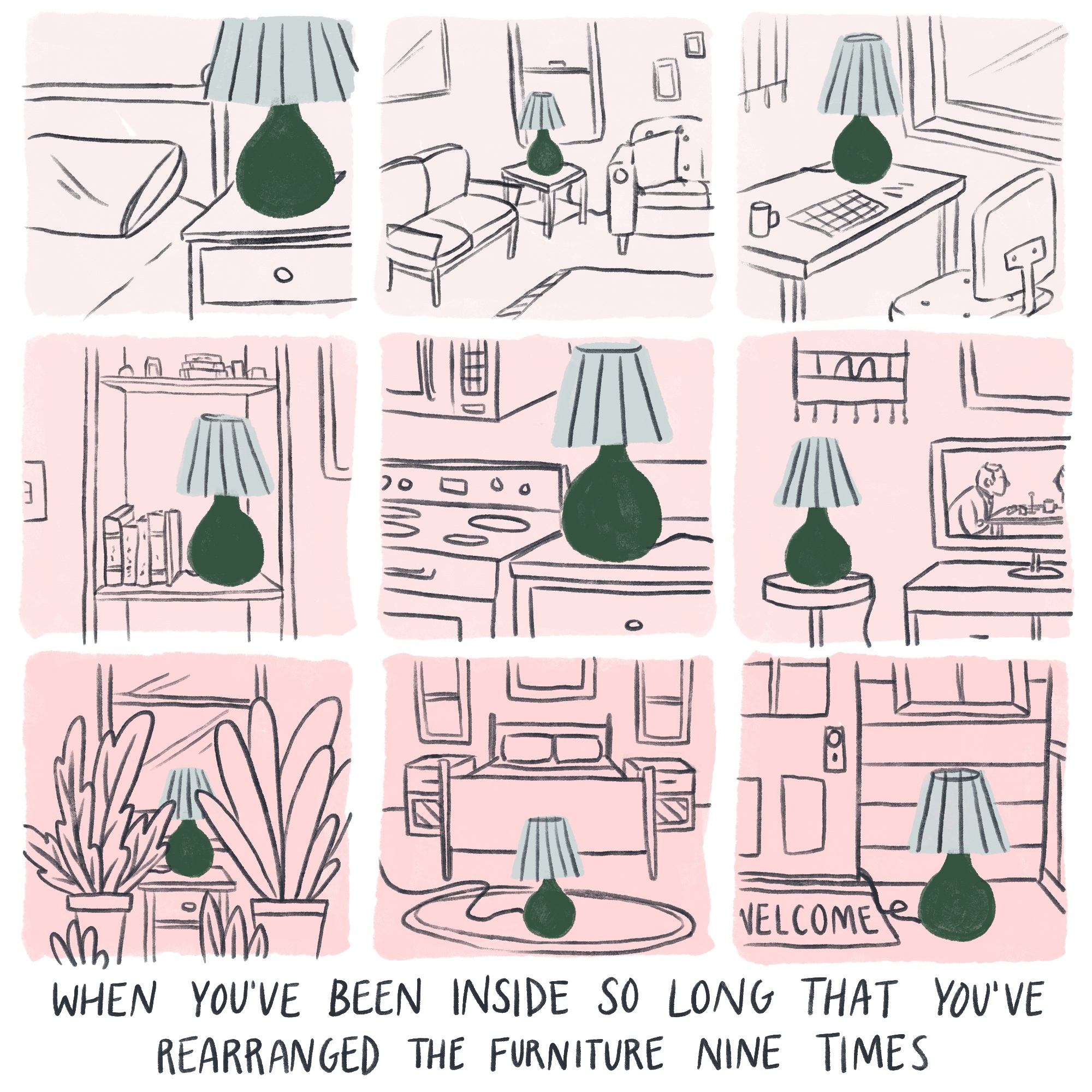 an illustration of nine different ways to rearrange a lamp throughout a house