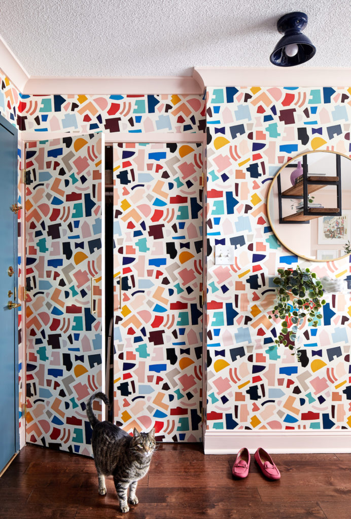 patterned wallpaper on the entryway with a cat walking through the door