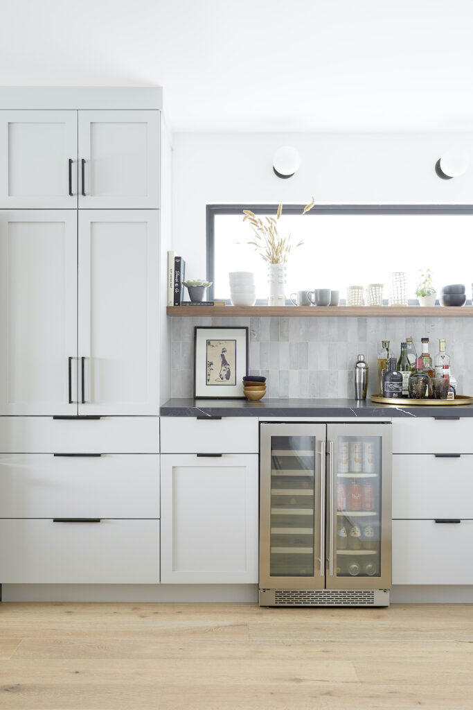 Floating shelf in light gray kitchen