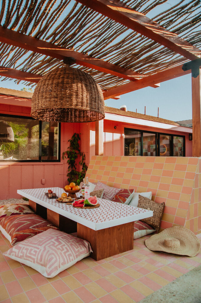 Pink patio with built-in seat