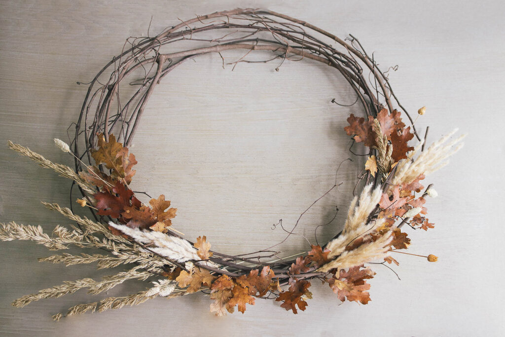 DIY fall wreath process