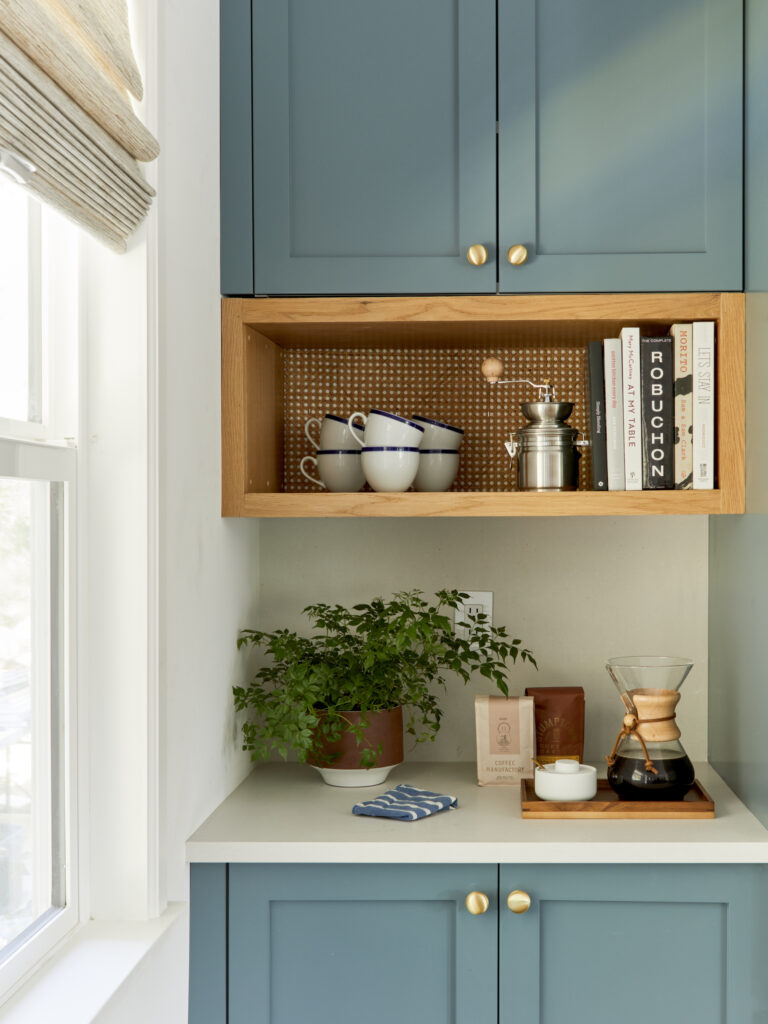 Coffee Station Idea in Green Kitchen Cabinets