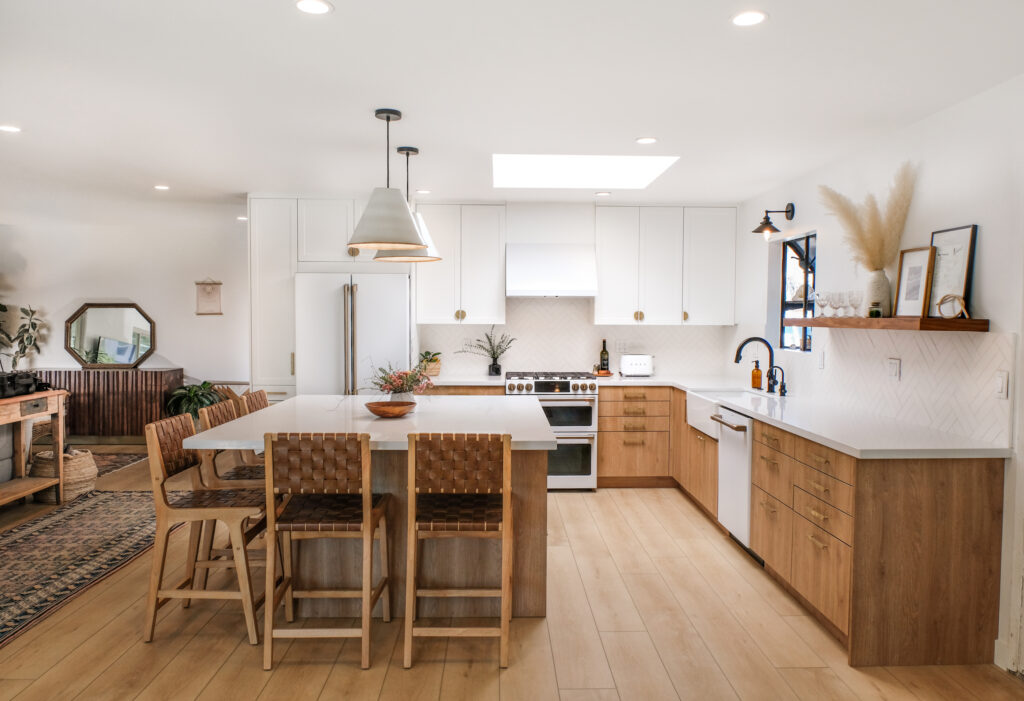 White and Wood Slab Kitchen Cabinets