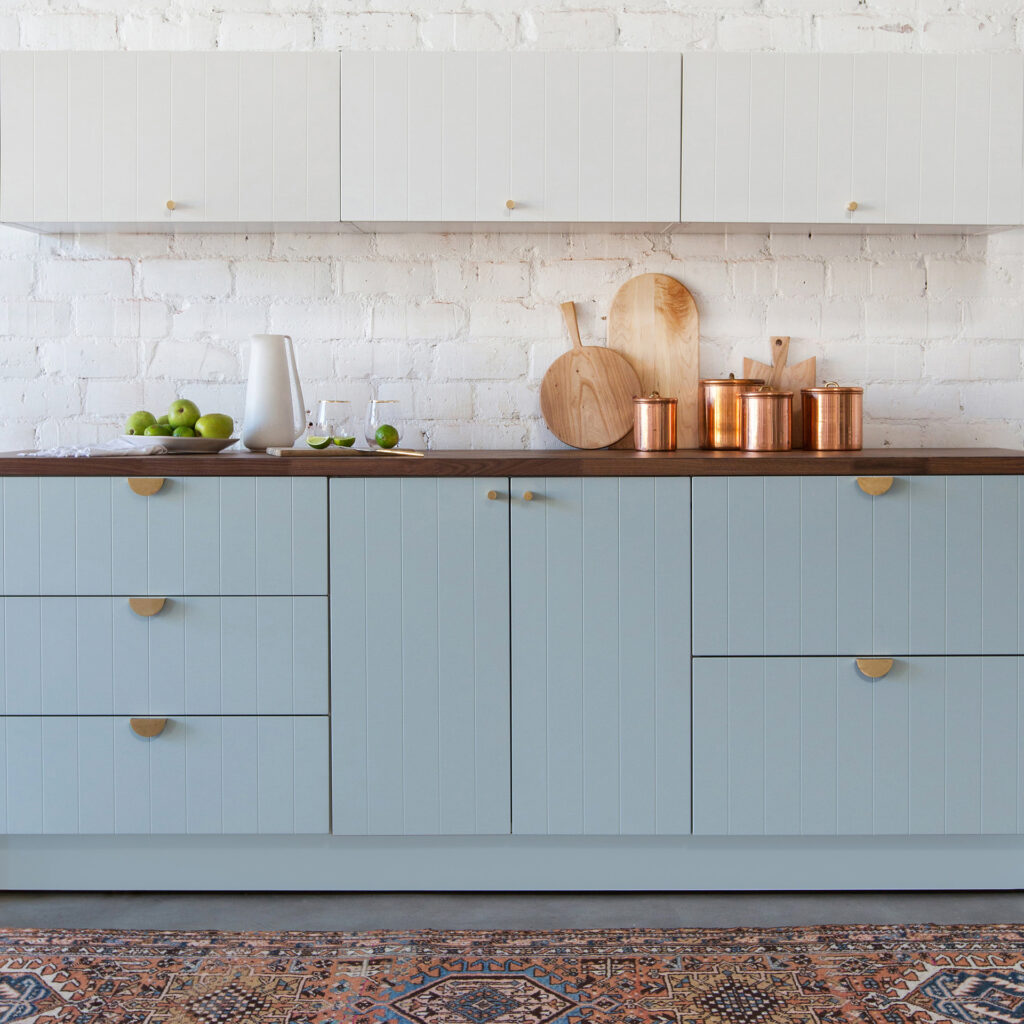White and blue two-tone kitchen cabinets