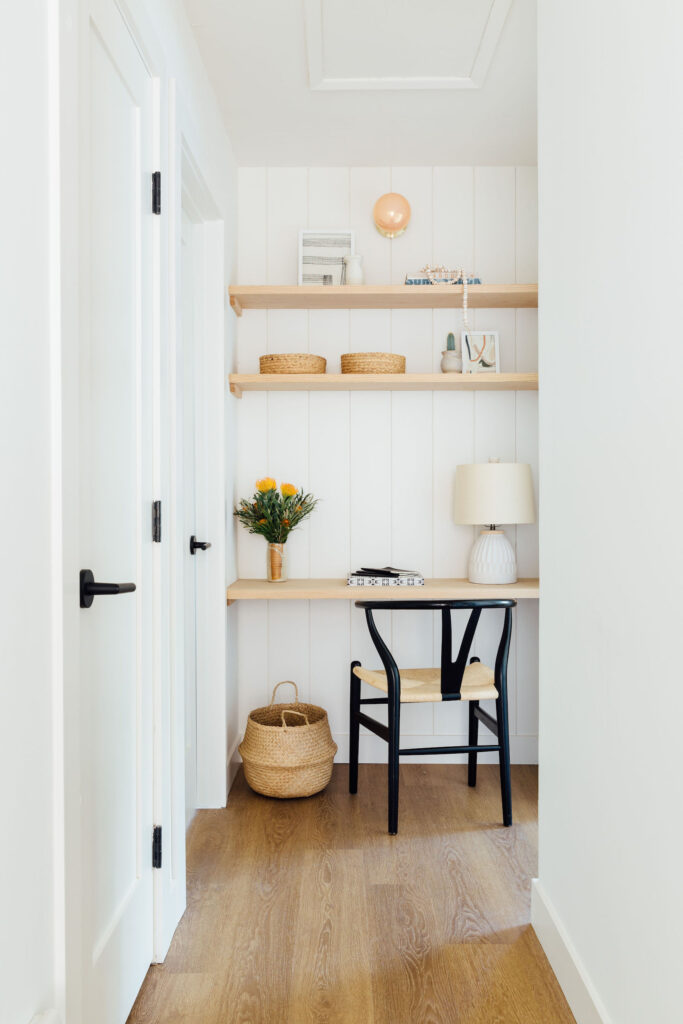 Built-in desk with shiplap walls