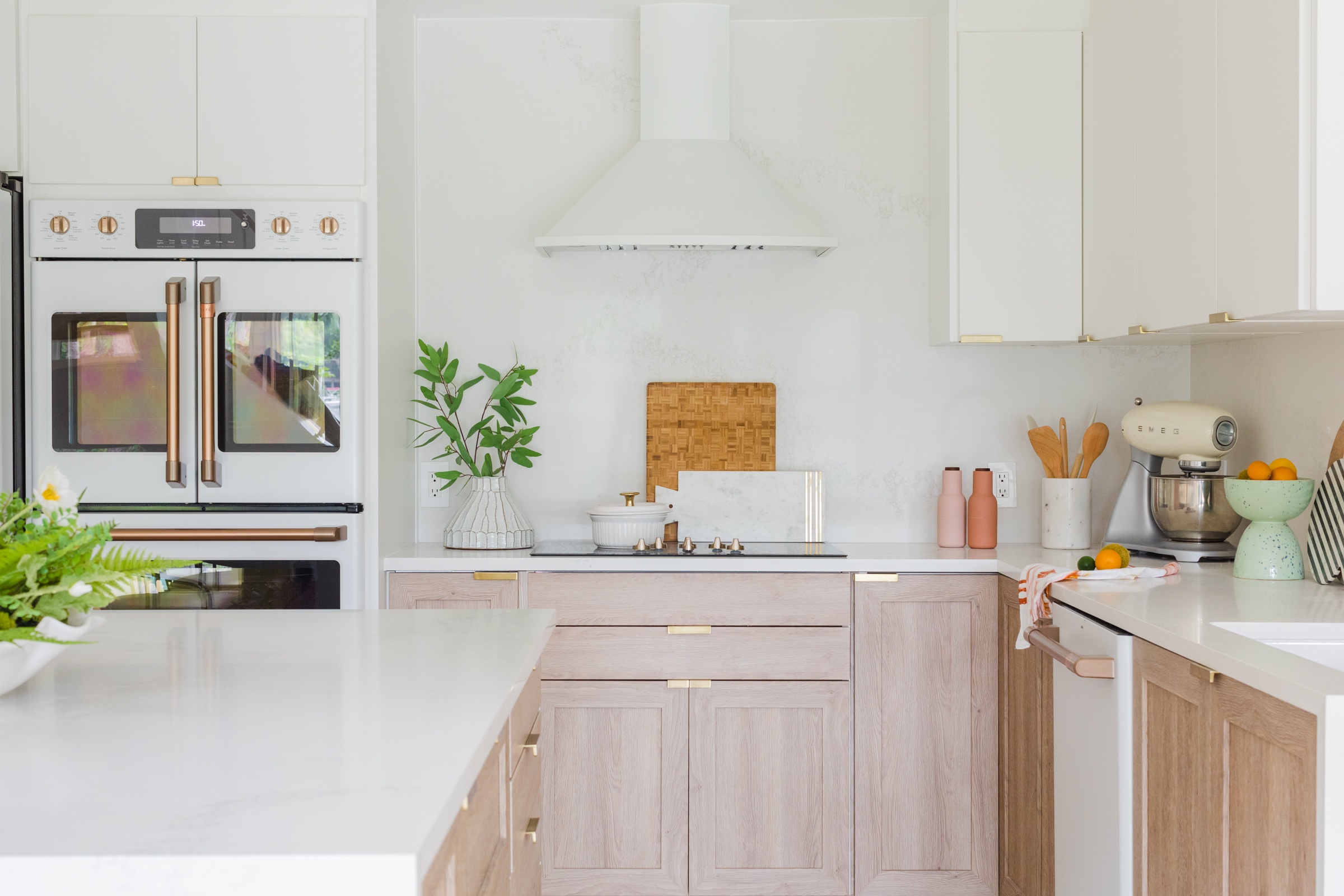 White and wood two-tone kitchen cabinets