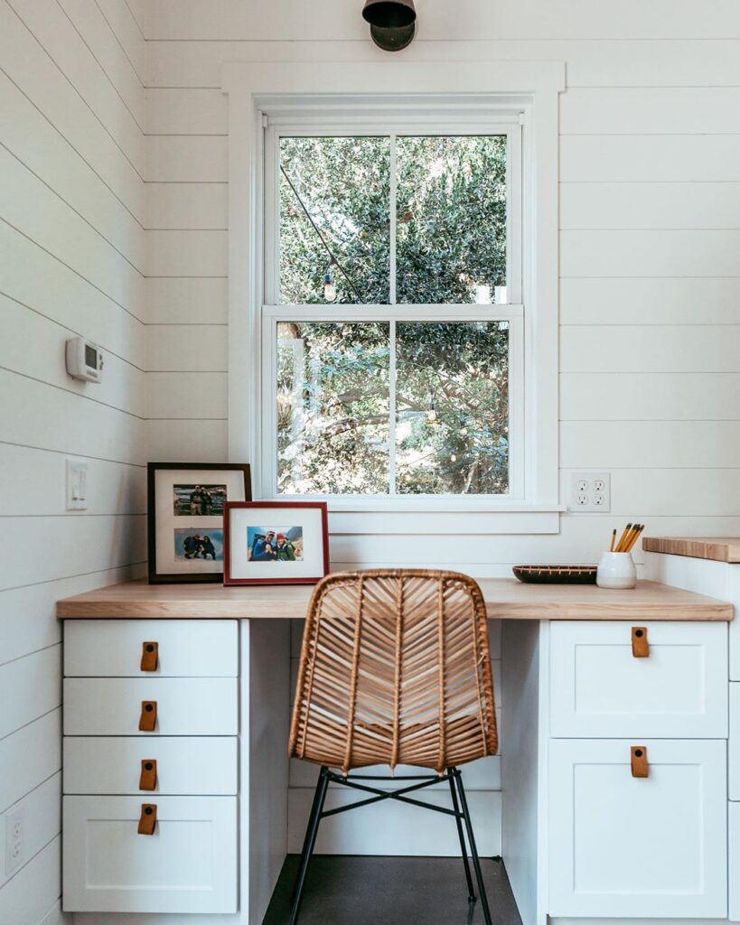 White built-in desk with butcher block top