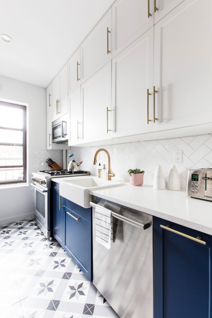 Blue and white kitchen cabinets