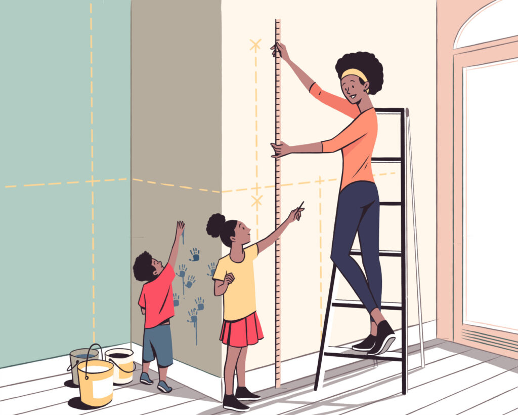 illustration of woman and children measuring