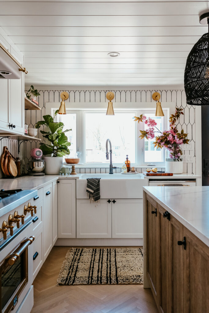 White and wood kitchen with black accents