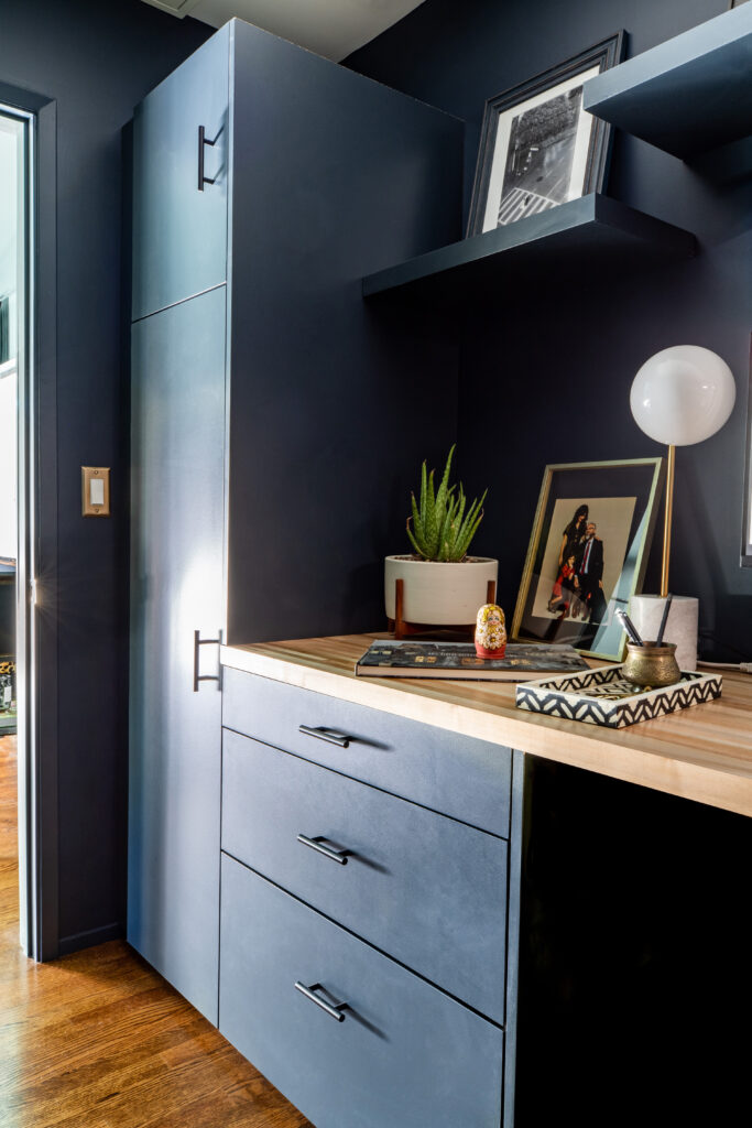 Blue desk with built-in storage