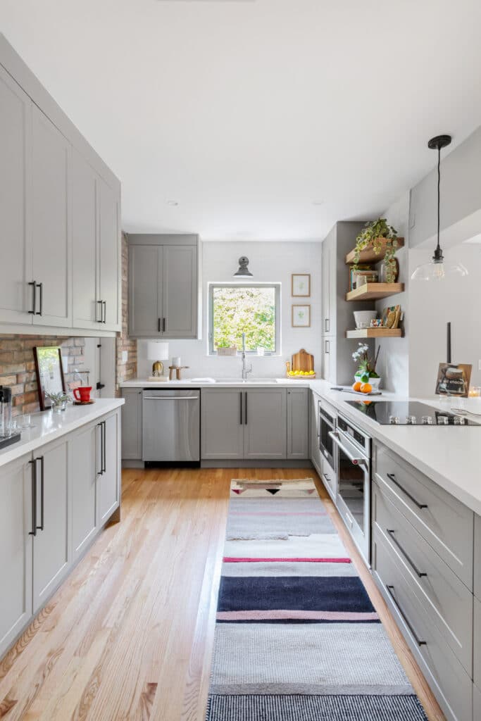 Gray long galley kitchen