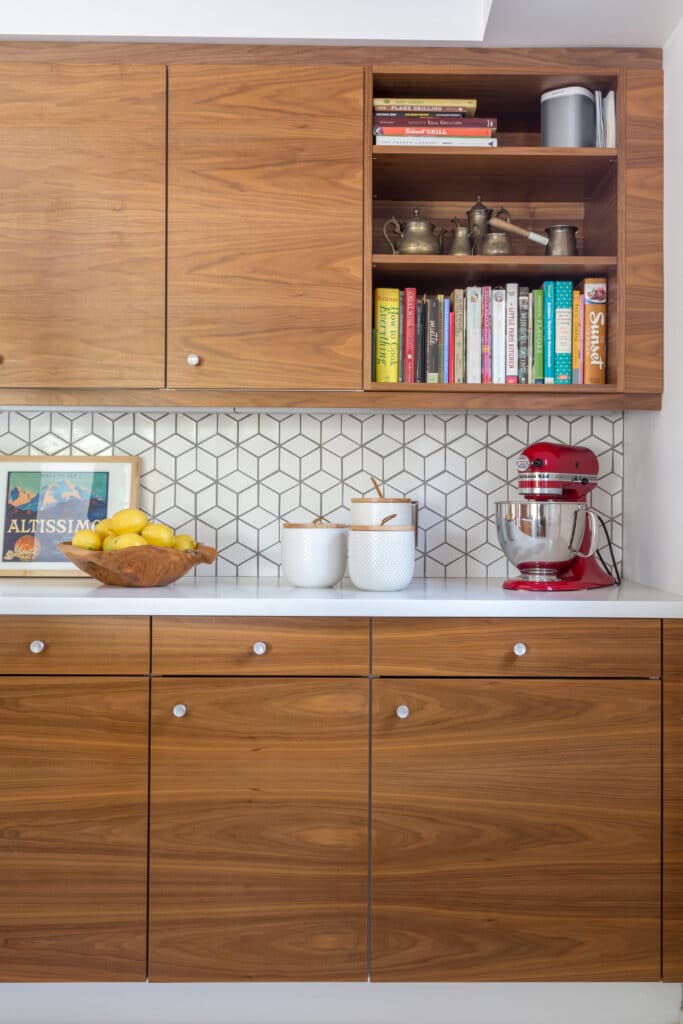 Walnut kitchen with open shelf storage