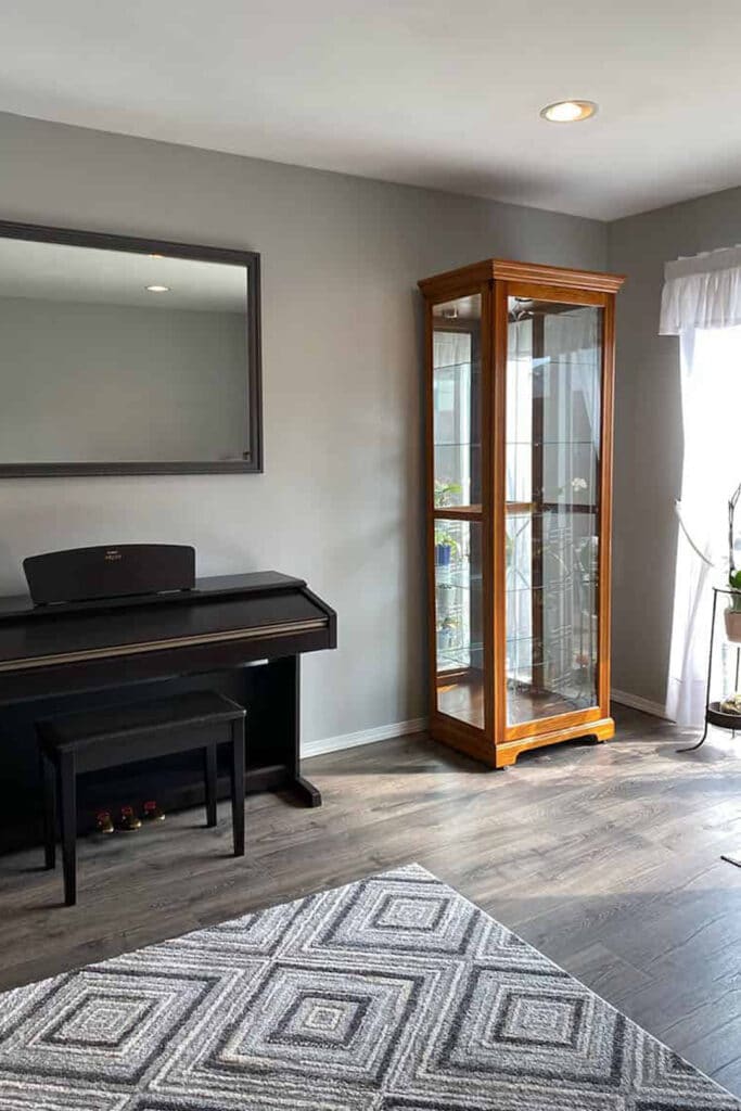 Media room before with light walls and a piano