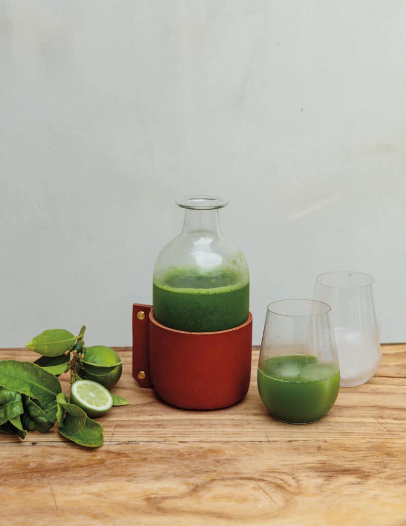 Minty green juice on wood block