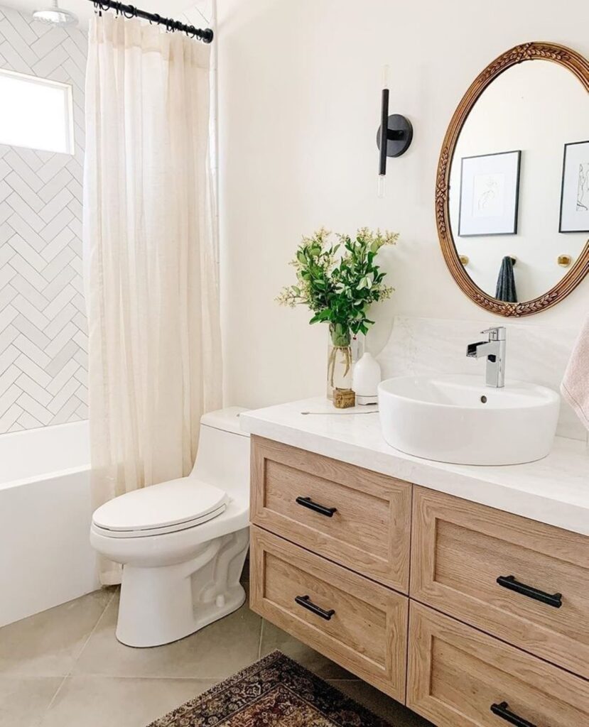 Wood vanity in farmhouse bathroom