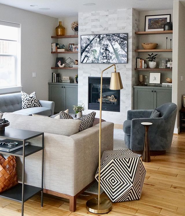 Living room with cool tones and patterns
