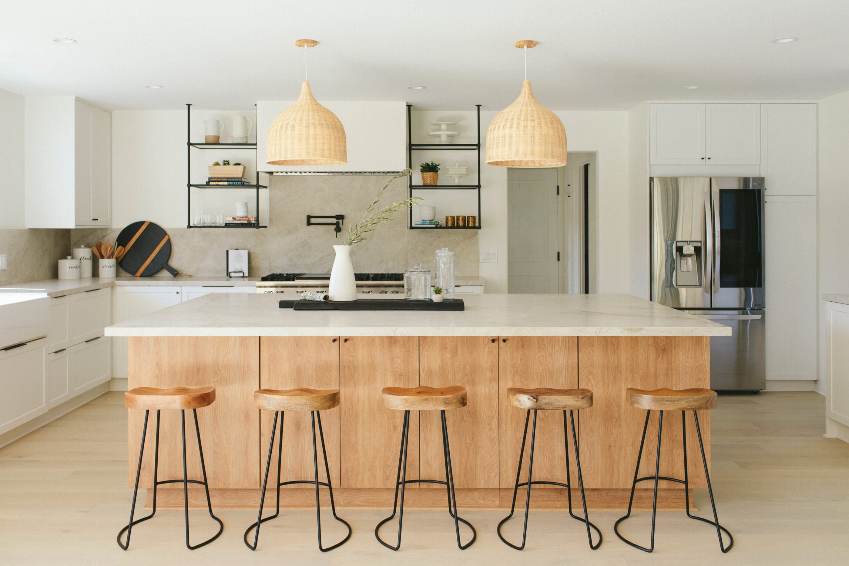 Kitchen island with two woven pendants