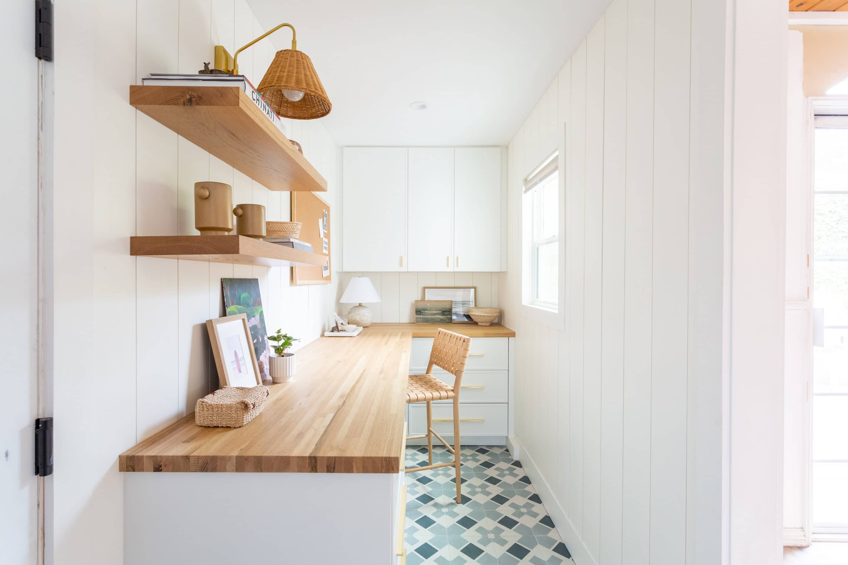 Narrow home office white shiplap butcher block desk